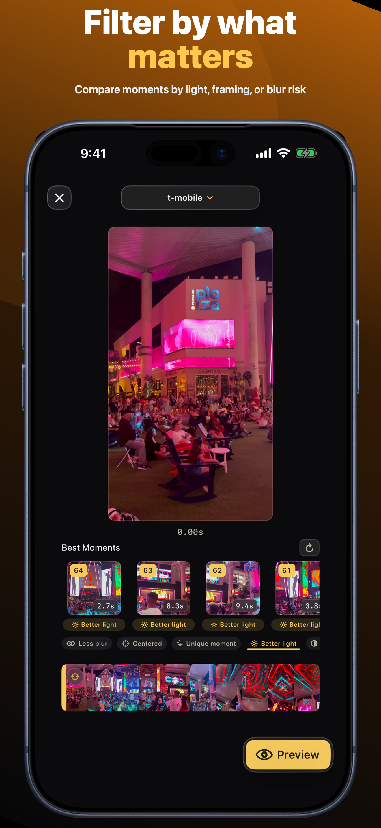 TakeSmith on iPhone filtering T-Mobile video moments by better light.