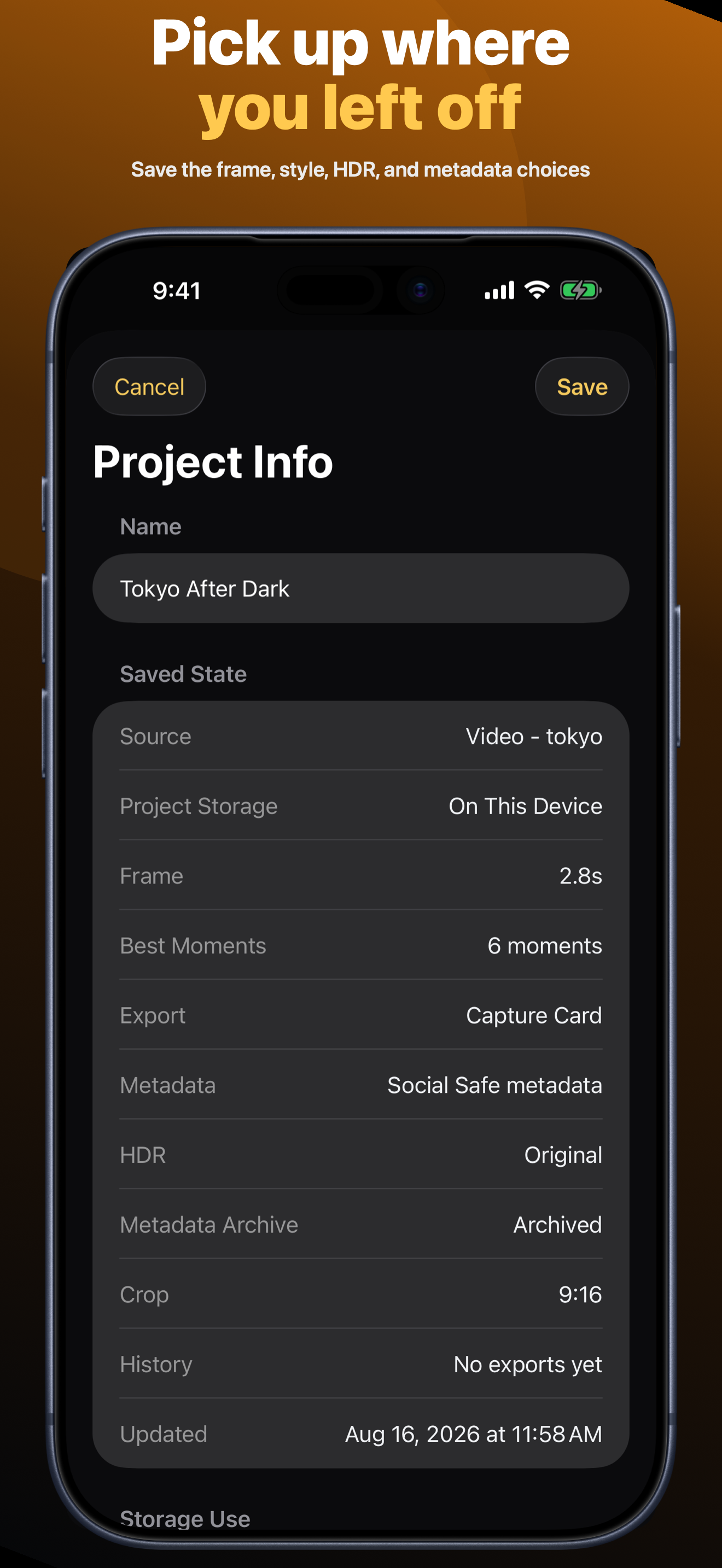 TakeSmith project information with source, storage, and export details.
